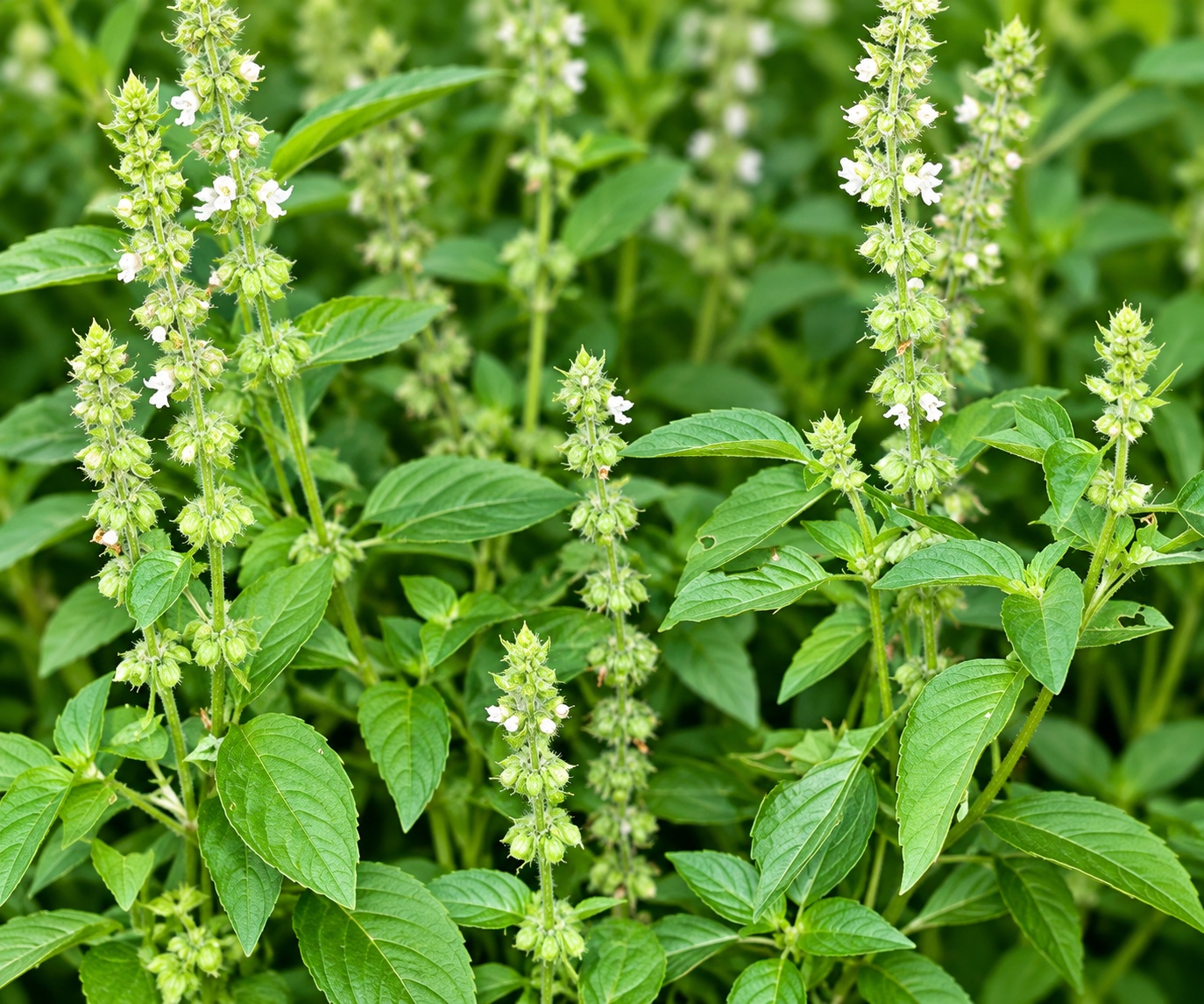 Hairy basil plant with green leaves and flowering seed spikes