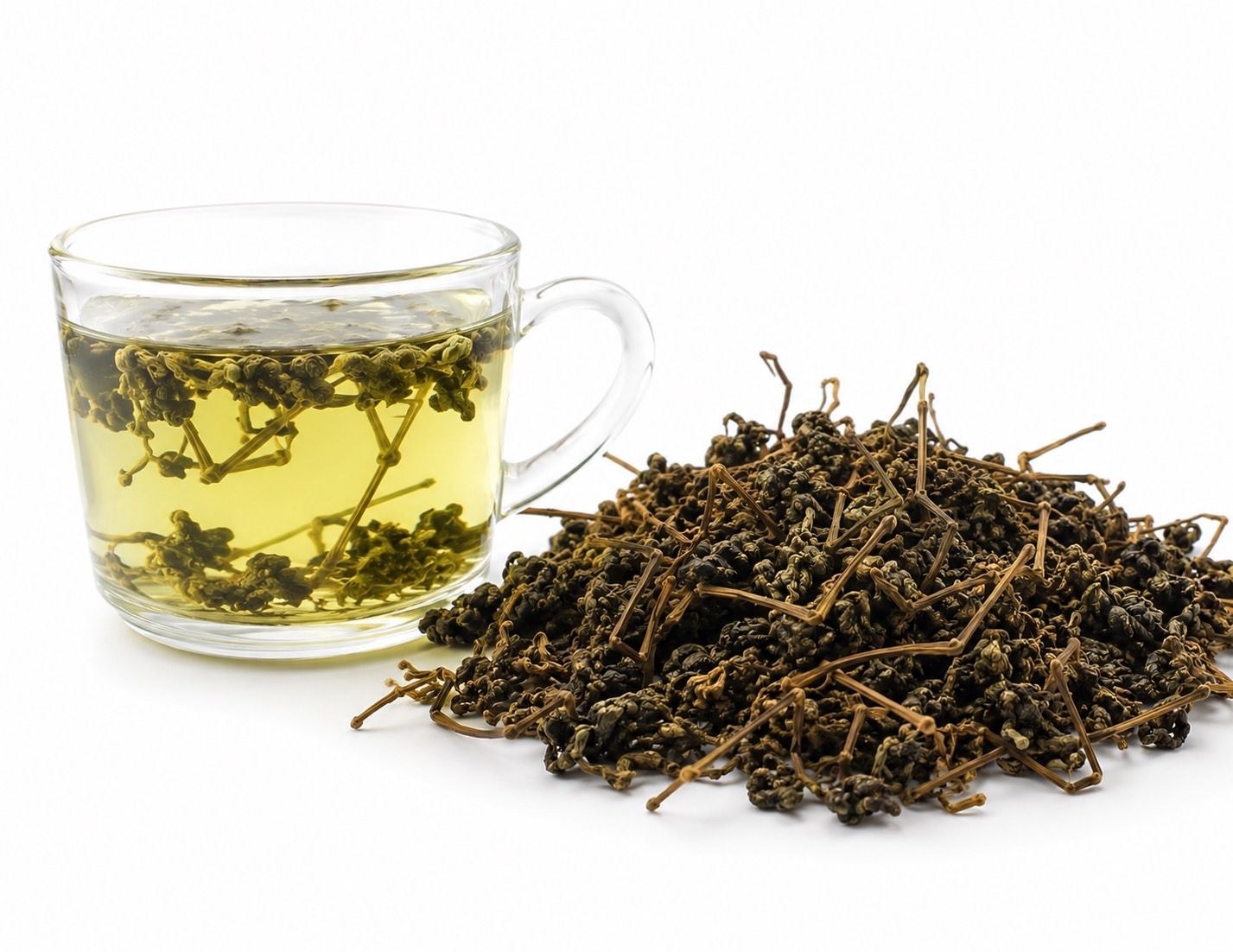 Jiaogulan steeping in a glass cup