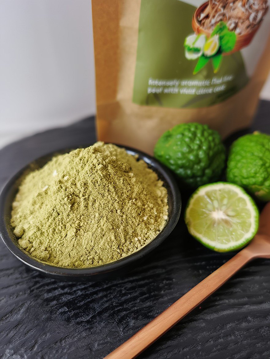 Ground makrut peel with whole and halved fruits