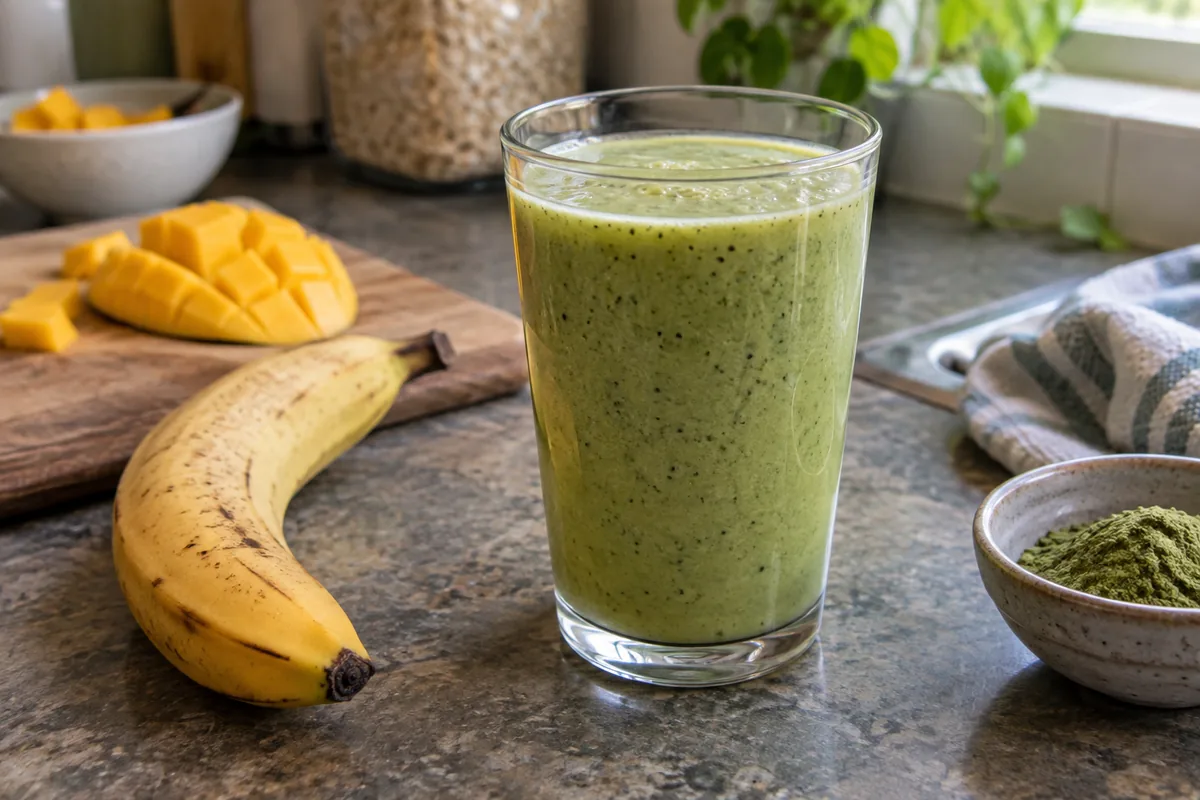 Illustration of a leafy green moringa smoothie with banana and mango in a simple kitchen