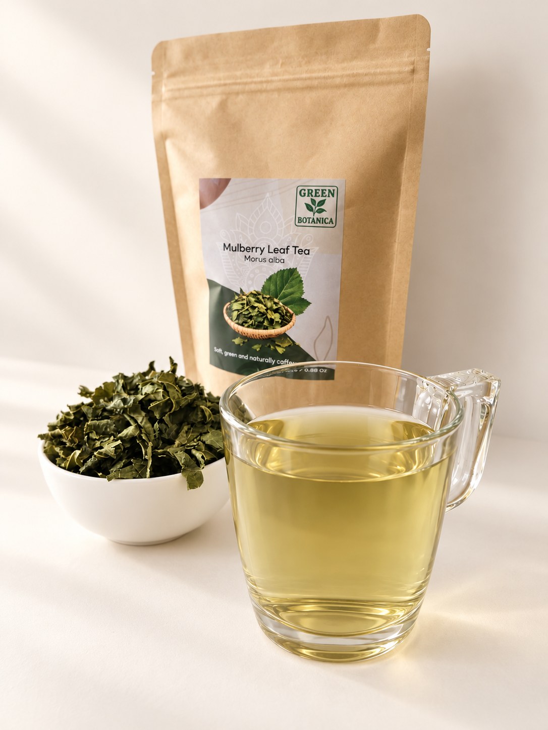 Mulberry leaf tea: a pale, clear, yellow-green cup