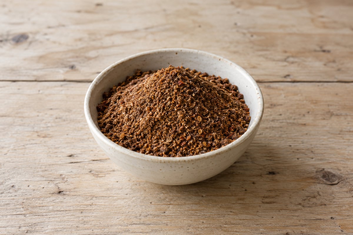 Illustration of a finished roasted makhwaen laab spice blend, ground into brown powder