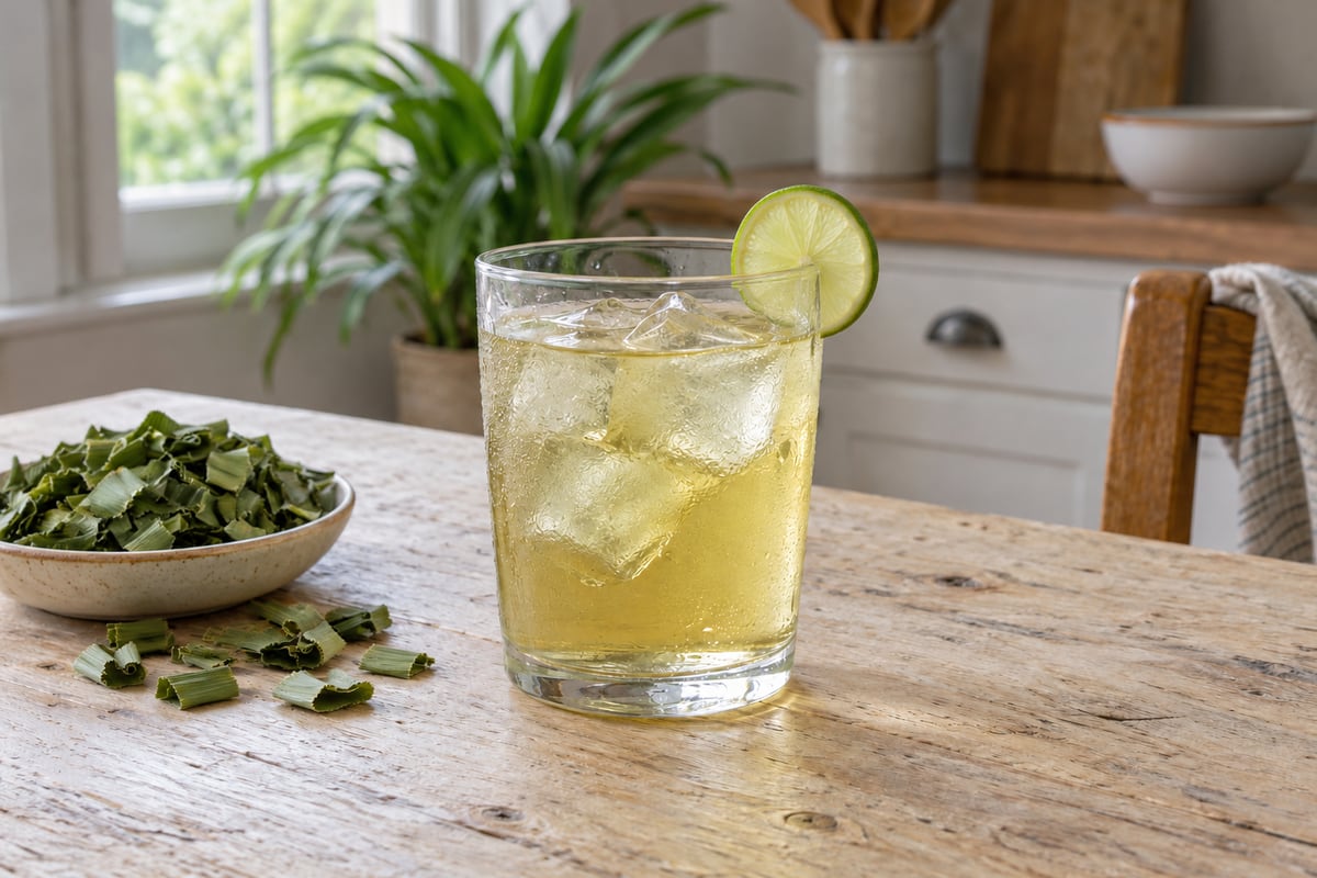 Illustration of golden pandan iced tea with an optional lime slice, beside cut dried leaves based on Green Botanica’s own photo