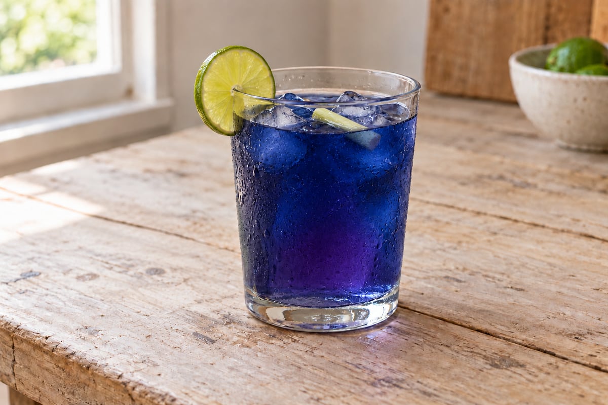 Illustration of deep-blue butterfly pea iced tea with a subtle violet tint, a fresh lime slice and a small lemongrass piece among the ice
