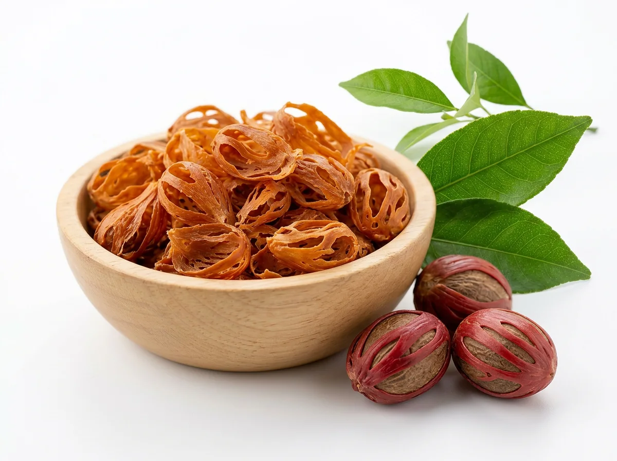 Nutmeg fruit opened to reveal the red mace aril