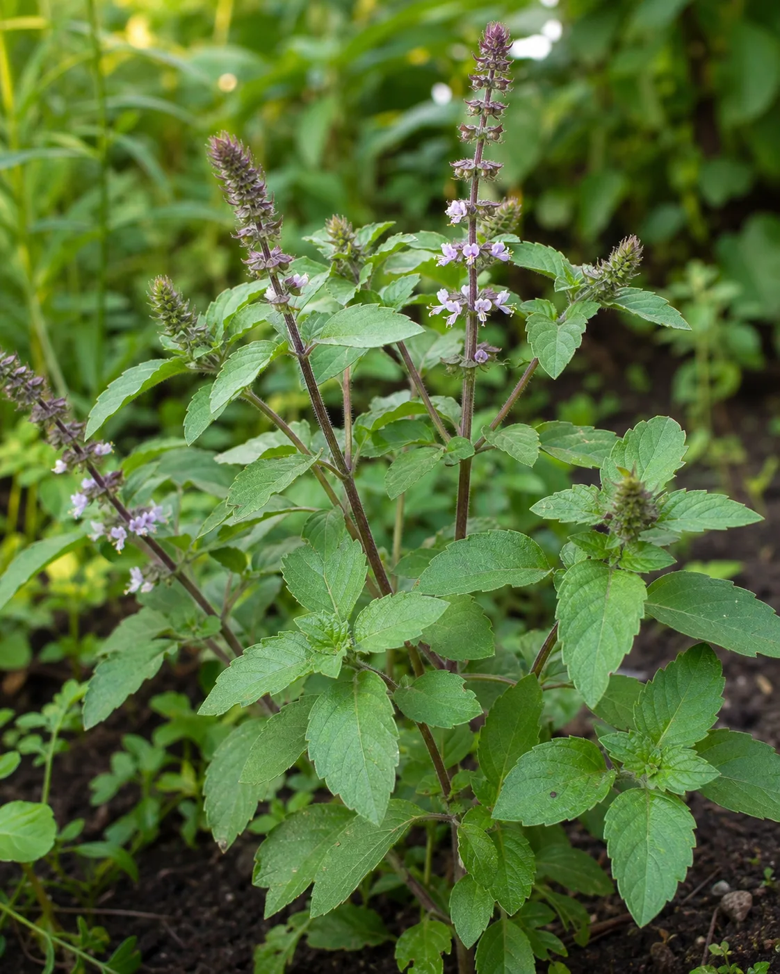 Holy basil plant with leaves and flower spikes