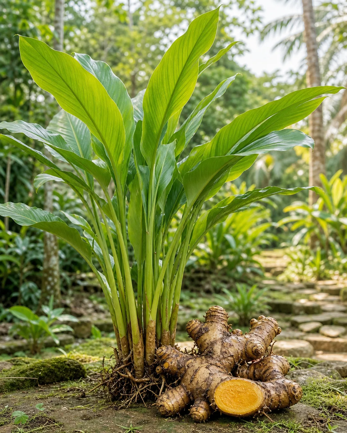 Javanese turmeric (temulawak) plant and orange rhizome